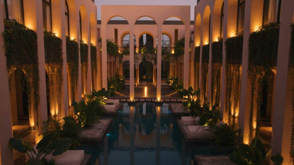 Interior courtyard of a luxury hotel or residence with arches, lush plants, a pool, and warm ambient lighting in Tulum.