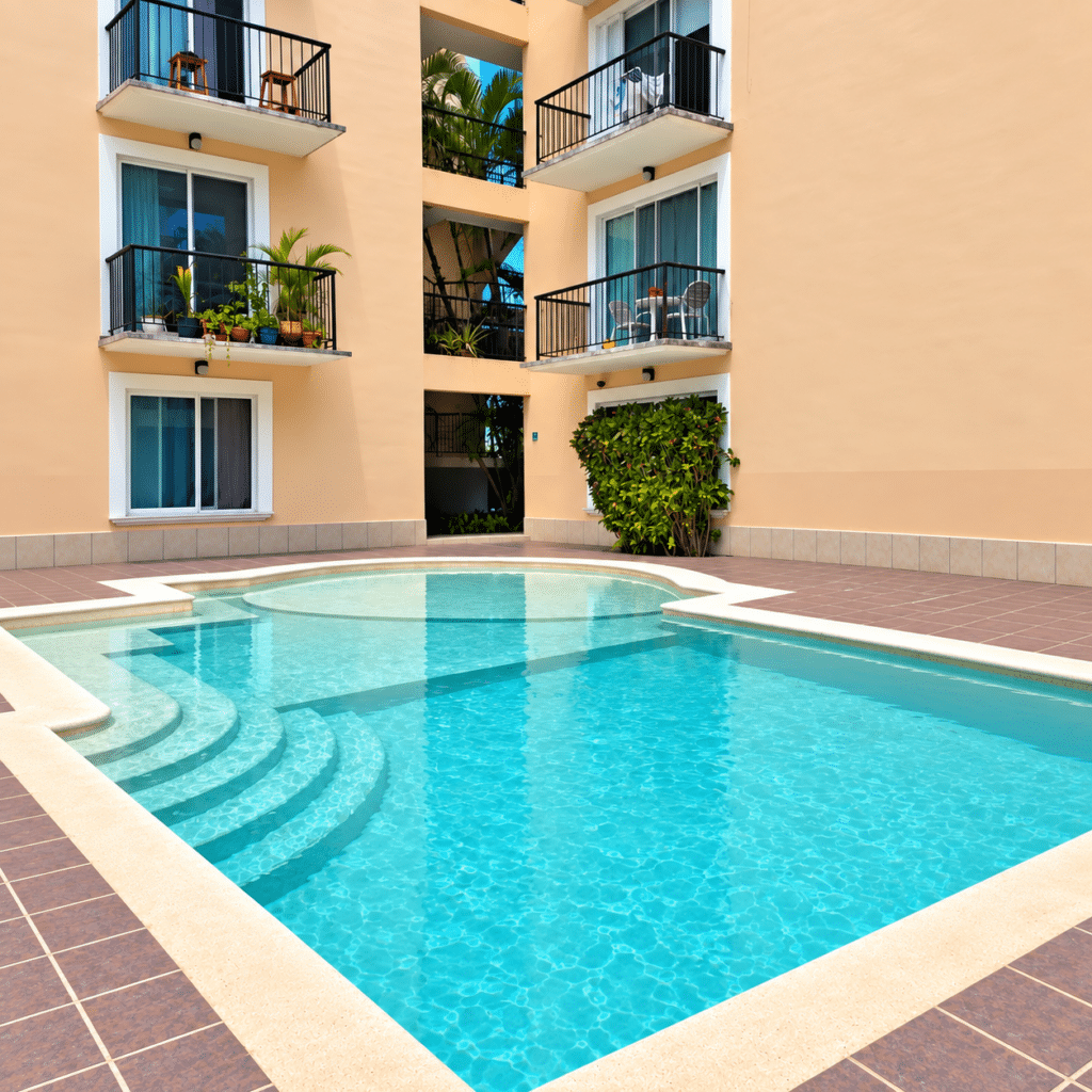 View of a swimming pool with a peach-colored residential building and balconies in Playa del Carmen.