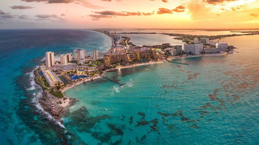 Cancun hotel zone at Sunset